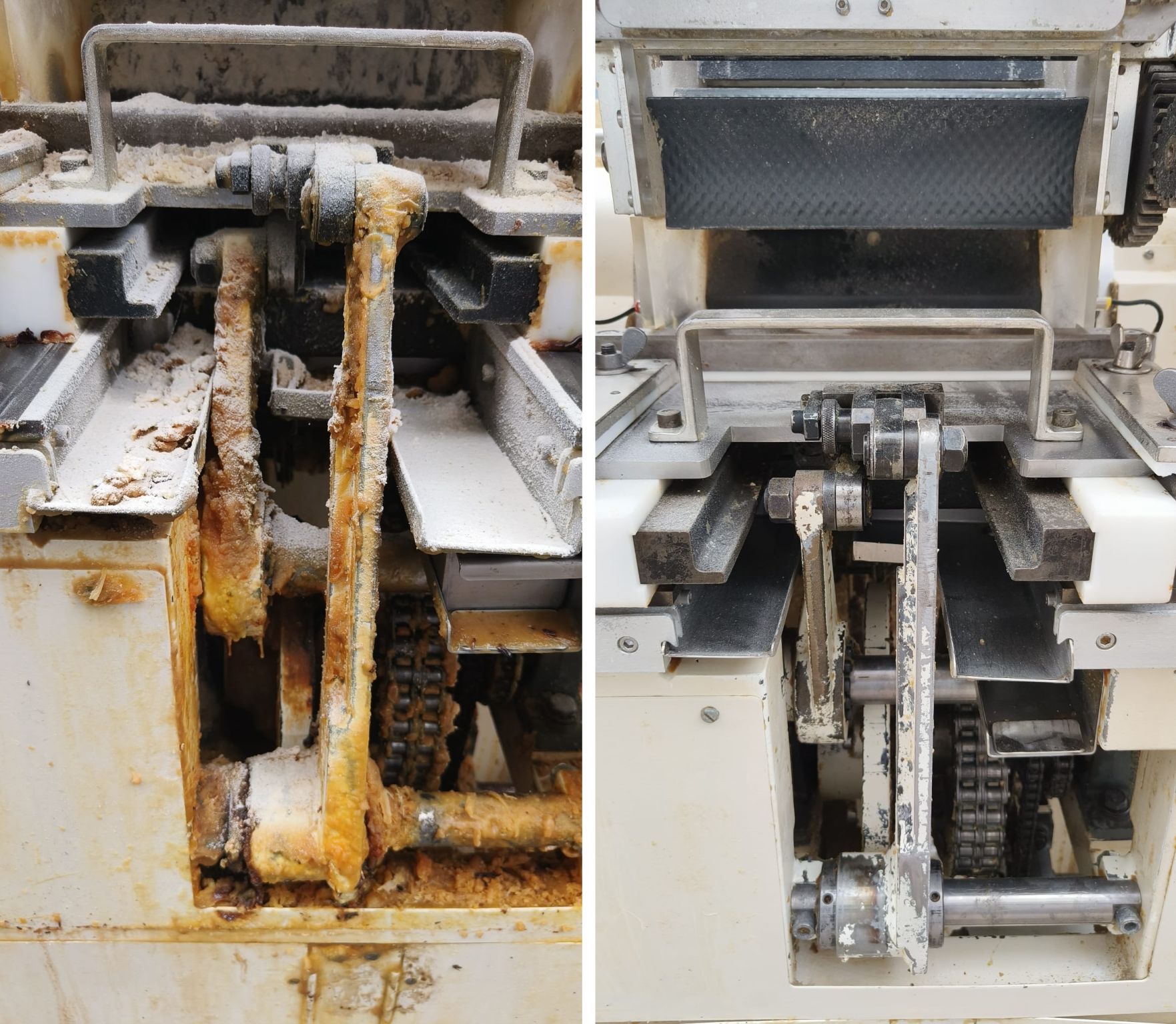 Mechanizm maszyny spożywczej przed i po czyszczeniu suchym lodem