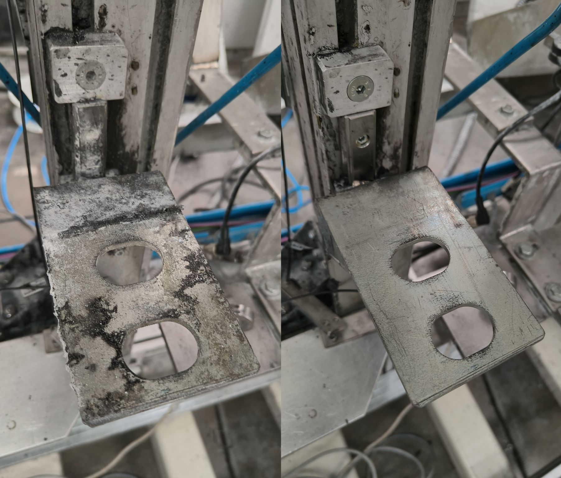Metalowy element maszyny przed i po czyszczeniu